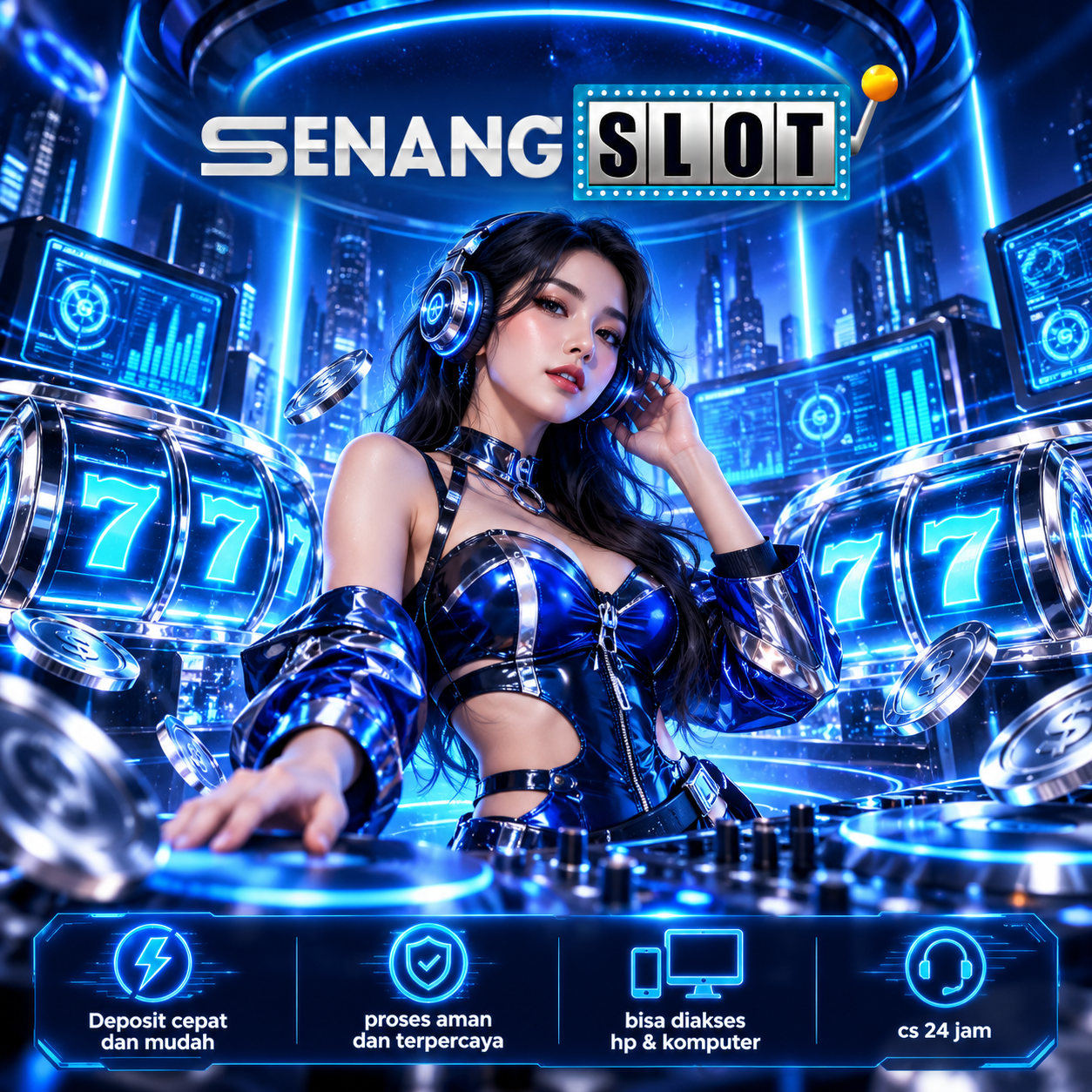 Ilustrasi banner SENANGSLOT 1, hiburan game digital bernuansa biru neon